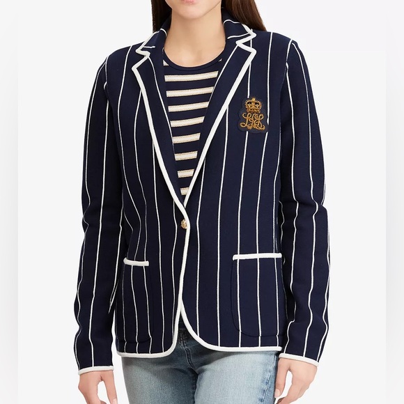 Lauren Ralph Lauren Jackets & Blazers - Lᴀᴜʀᴇɴ Rᴀʟᴘʜ Lᴀᴜʀᴇɴ Sᴛʀɪᴘᴇᴅ Sᴡᴇᴀᴛᴇʀ-Kɴɪᴛ Hᴇʀɪᴛᴀɢᴇ Bʟᴀᴢᴇʀ ᴡɪᴛʜ Eᴍʙʀᴏɪᴅᴇʀᴇᴅ Cʀᴇsᴛ
